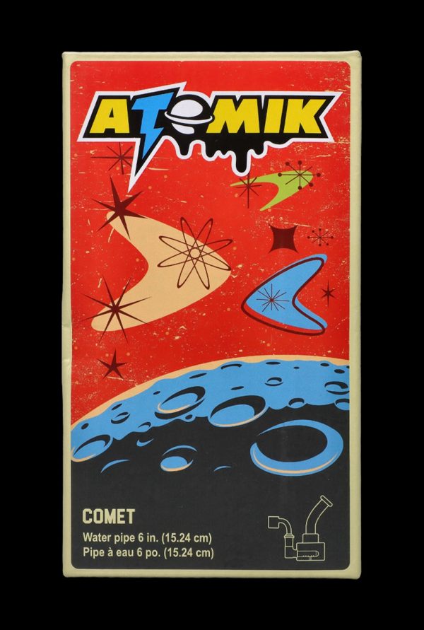 Vintage-style box for “Atomik Comet” water pipe, featuring mid-century modern space-age graphics in red, turquoise, and gold.