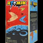 Box for Atmik Comet water pipe, featuring a retro space-themed design with a comet illustration and product details.
