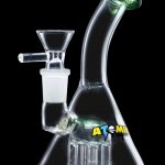 Glass water pipe (bong) with multiple diffusion tubes and branded with “ATOMIC” text.
