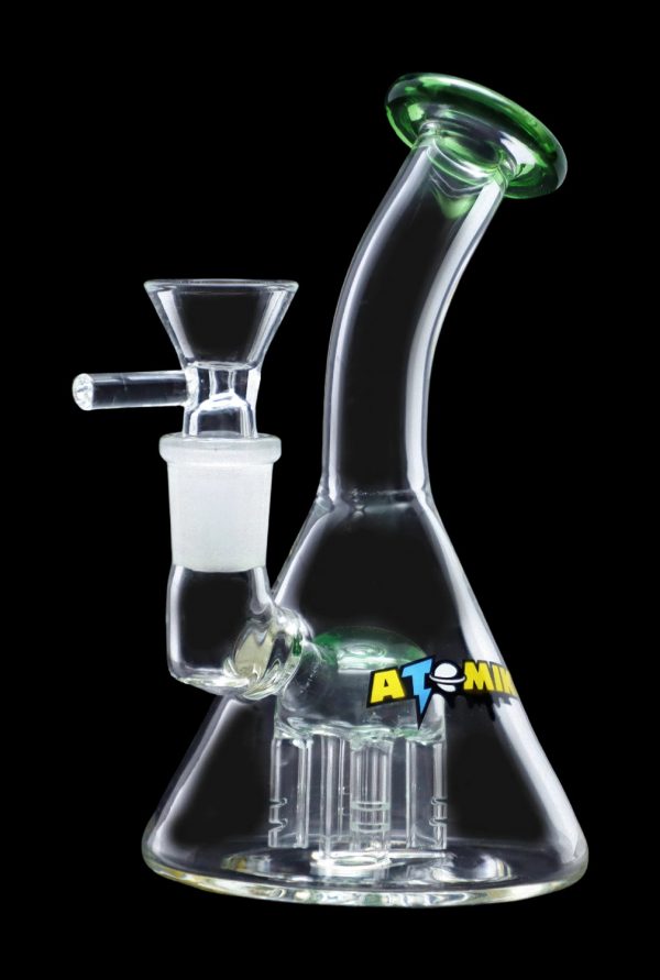 Glass water pipe (bong) with multiple diffusion tubes and branded with “ATOMIC” text.
