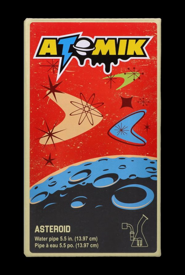 Vintage-style poster advertising “Atomik Asteroid” water pipe, featuring a retro space scene with planets, stars, and atomic symbols.
