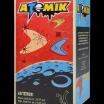 Box for “Atomik” brand water pipe, featuring a space-themed design with planets, stars, and text detailing product specifications.
