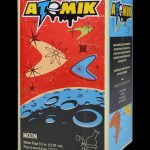 Box for “Atomik Moon” water pipe, featuring a retro space-themed design with a blue and red color scheme.