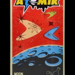 Retro-style packaging for “Atomik Moon” water pipe, featuring a cartoon depiction of a hand reaching toward a stylized moon and planets.