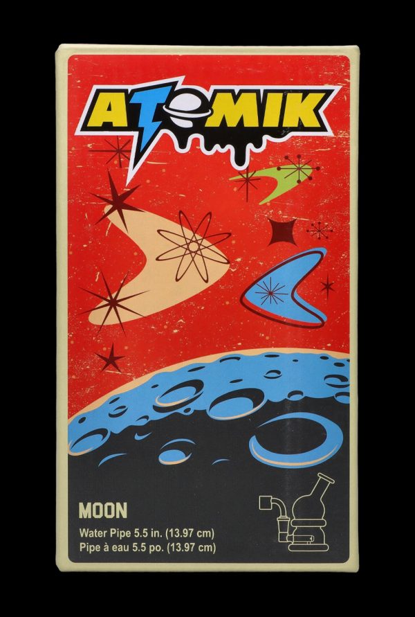 Retro-style packaging for “Atomik Moon” water pipe, featuring a cartoon depiction of a hand reaching toward a stylized moon and planets.