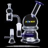 Blue and clear glass dab rig with accompanying accessories, displayed on a dark background.