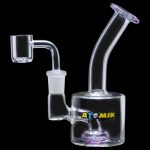A side view of the Atomik Little Dipper Dab Rig showing the clear glass construction and angled neck.