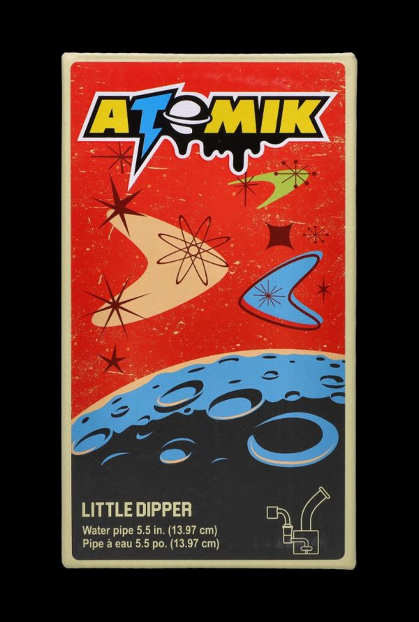 Front view of the Atomik Little Dipper Dab Rig - 5.25 in., showcasing a colorful graphic on a glass rig.