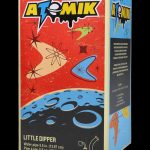 Front view of the Atomik Little Dipper Dab Rig, showcasing a colorful, retro-style graphic on its body.