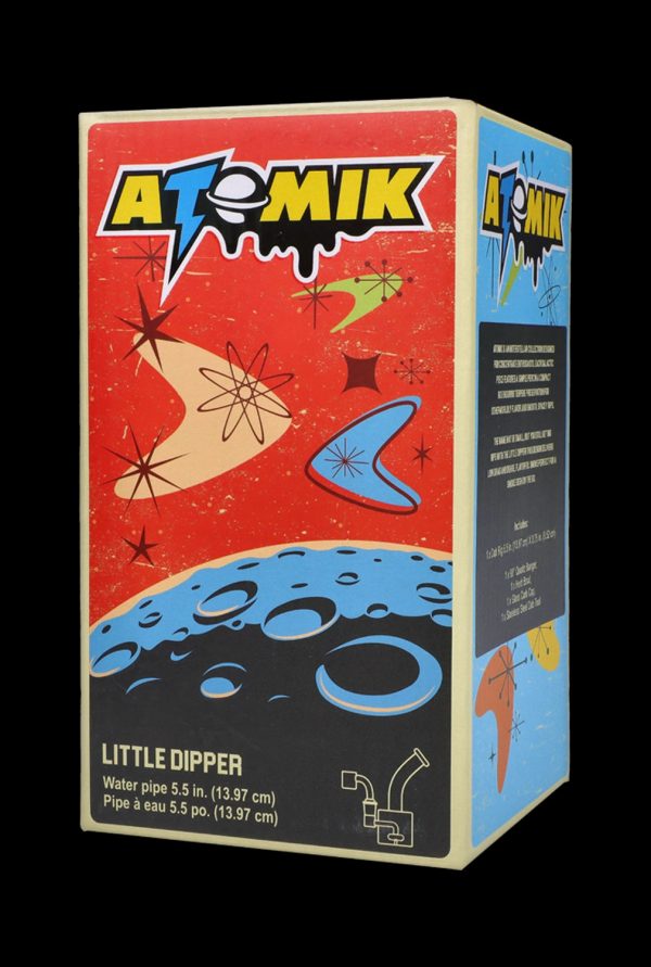 Front view of the Atomik Little Dipper Dab Rig, showcasing a colorful, retro-style graphic on its body.