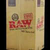 Front view of the RAW Classic 98 Special Cones bulk display box, showcasing branding and text on a cardboard background.