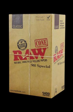 Front view of the RAW Classic 98 Special Cones bulk display box, showcasing branding and text on a cardboard background.