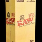 Front view of the RAW Classic Cones- 900 Pack, showcasing the branded packaging with text details on a neutral background.