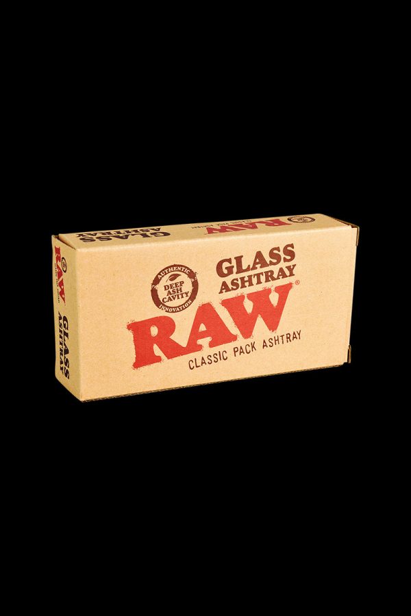 A top-down view of the RAW Classic Pack Glass Ashtray, showcasing its clear glass construction and circular shape.