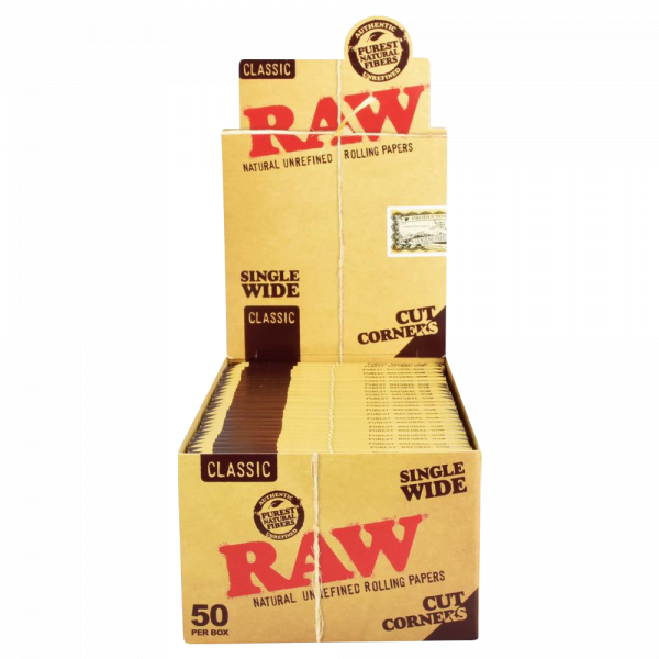 A slightly angled, close-up shot of the “RAW “Cut Corners” Single Wide Rolling Papers - 50 Pack” box, displaying its branded design and packaging.
