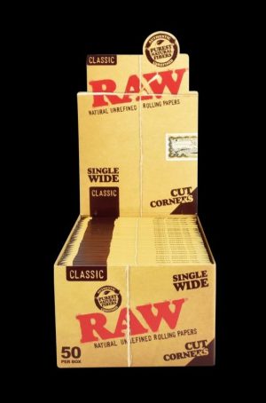 A front view of the "RAW "Cut Corners" Single Wide Rolling Papers - 50 Pack" box, showcasing a simple, clean design.