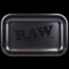 Overhead view of the RAW Logo Rolling Tray displaying the brand's logo centered on its metallic surface.