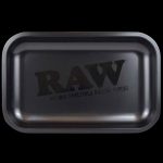 Overhead view of the RAW Logo Rolling Tray displaying the brand's logo centered on its metallic surface.