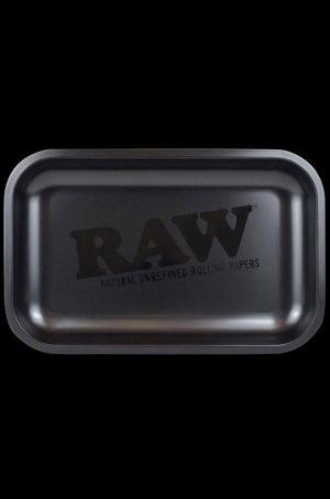 Overhead view of the RAW Logo Rolling Tray displaying the brand's logo centered on its metallic surface.