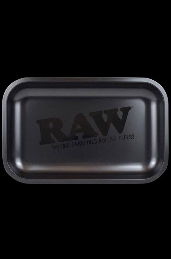 Overhead view of the RAW Logo Rolling Tray displaying the brand's logo centered on its metallic surface.