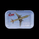 The RAW "Prepare for Flight" Rolling Tray displays a vintage aviation scene with a small airplane and clouds.
