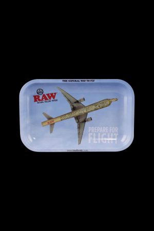 The RAW "Prepare for Flight" Rolling Tray displays a vintage aviation scene with a small airplane and clouds.