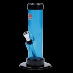 Blue acrylic water pipe with a glass downstem, marked "Made in the U.S.A."