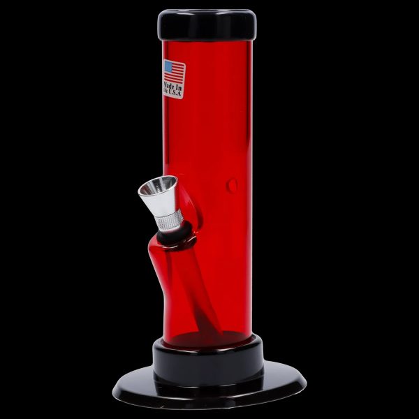Red glass water pipe with a removable downstem and black base, isolated on a black background.