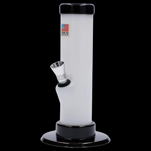 White glass water pipe with black accents, displaying a “Made in the U.S.A.” label.