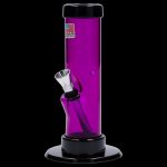 Purple glass water pipe with a downstem, isolated on a black background.