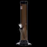 Brown acrylic water pipe with a metal screen and black accents, isolated on a black background.