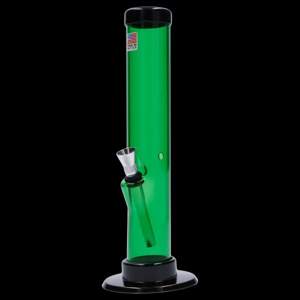 Green glass bong with metal downstem and base.