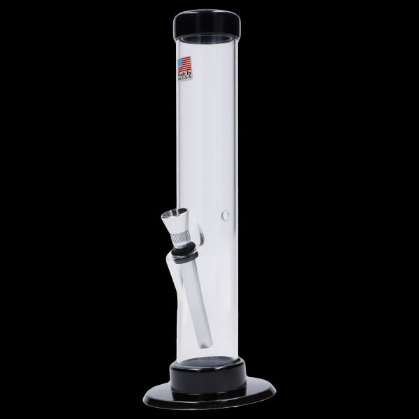 Clear glass bong with a black base and mouthpiece.