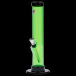 Green glass water pipe with a black base and clear glass bowl.