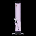 Pink glass water pipe with metal downstem and black accents.