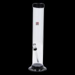 Clear glass water pipe (bong) with a black base and “Made in USA” label.