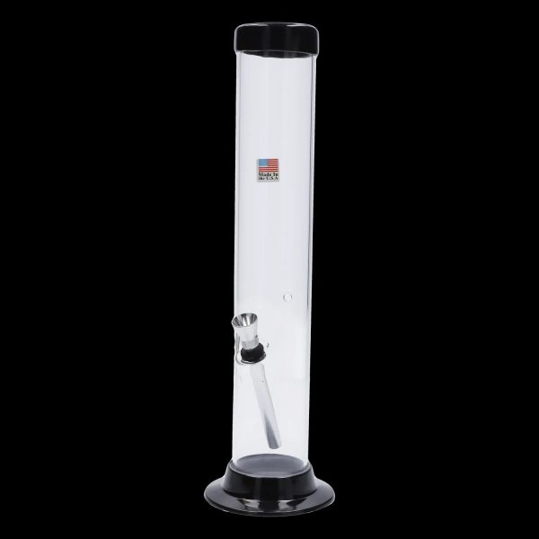 Clear glass water pipe (bong) with a black base and “Made in USA” label.