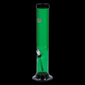 Green glass water pipe with a black base and bowl piece.