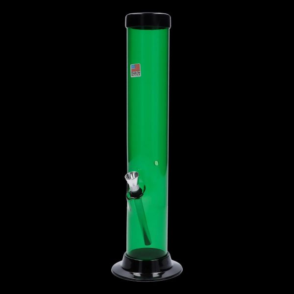 Green glass water pipe with a black base and bowl piece.
