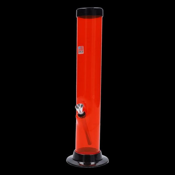 Red glass water pipe with a black base and mouthpiece.