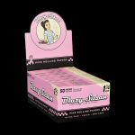 Pink box of Blazy Susan rolling papers with vintage pin-up design.