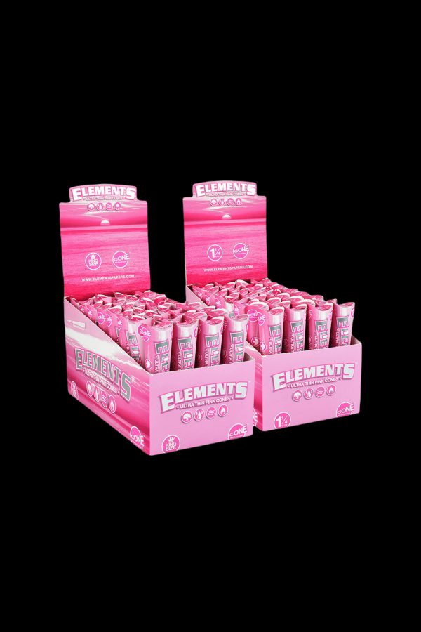 Pink Elements rolling paper cones stacked in boxes.