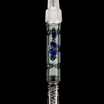Glass oil rig tube with blue accents and intricate designs.