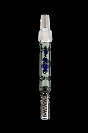 Glass oil rig tube with blue accents and intricate designs.