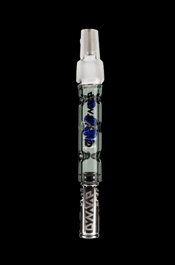 Glass oil rig tube with blue accents and intricate designs.