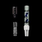 Glass bubbler pipes with colorful detailing, isolated on a black background.