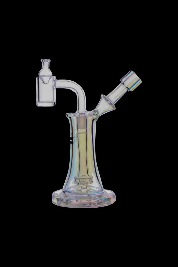 Iridescent glass dab rig with dual action functionality.