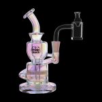 Iridescent glass dab rig with a quartz banger, branded “Stash Shack.”