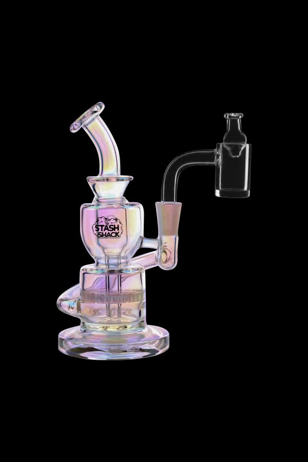 Iridescent glass dab rig with a quartz banger, branded “Stash Shack.”