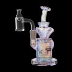 Iridescent glass dab rig with a quartz banger, isolated on a black background.